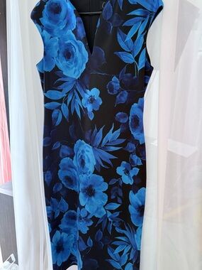 connected apparel Black Midi Dress with Blue Floral Print
